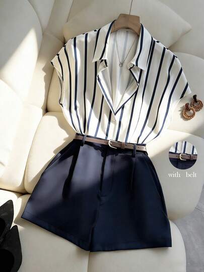 Franclia 2pcs/Set Women Casual Commute Versatile Short Sleeve Batwing Sleeve Striped Shirt And Ladies Shorts Suit With Belt, Elegant Summer 2-Piece Outfit, Casual Office Wear