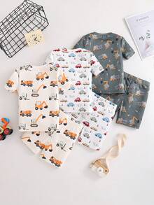 SHEIN GraphicGems 6件套男童工程车印花短袖短裤针织柔软贴身睡衣家居服套装 - 彩色 - 查看 2