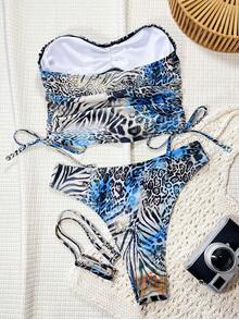 Swim SXY 2pcs Leopard Print Detachable Strap Pleated Front Drawstring Waist Casual Beach Bikini Set For Women - Multicolor - View 2