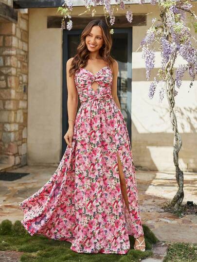 KARISMINA Women's Elegant Floral Print Twist Cutout High Slit Dress, Romantic Holiday Dress, Resort Wear, Red Dress,Summer Dress,Summer Dresses For Women,Summer Outfits,Spring Outfit Women,Spring Break Outfits,Spring Dress Women,Valentine Outfits For Women,Carnival Women Look 2026,Beach Dress,Elegant Party Dresses For Women,Weddings & Events,Vacation Dress Women Vacation Dresses Floral Long Dress Garden Party Formal Dress Floral Gown Maxi Vacation Dress,Plain/Plaid/Striped/Casual