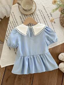 SHEIN LMoss Kids 女童法式优雅撞色刺绣领短袖衬衫 - 彩色 - 查看 2
