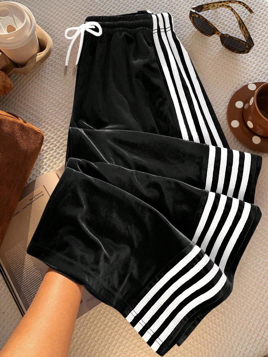 Comfortcana Quần dài cỡ lớn màu đen trắng trơn bằng nhung, thoải mái, phối sọc tương phản bên hông, thích hợp cho mùa xuân/thu. - Đen và trắng - Xem 1