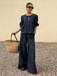 DAZY 系领泡泡袖荷叶边牛仔上衣和阔腿牛仔裤 - 藍色 - 查看 4