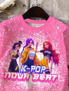 SHEIN Bộ 2 món dành cho bé gái, phong cách K-POP, in hình bình nước và chữ ngôi sao, áo thun cổ tròn tay ngắn và quần short, thích hợp cho các kỳ nghỉ, tiệc tùng, mặc hàng ngày và các buổi hòa nhạc. - Nhiều màu - Xem 4