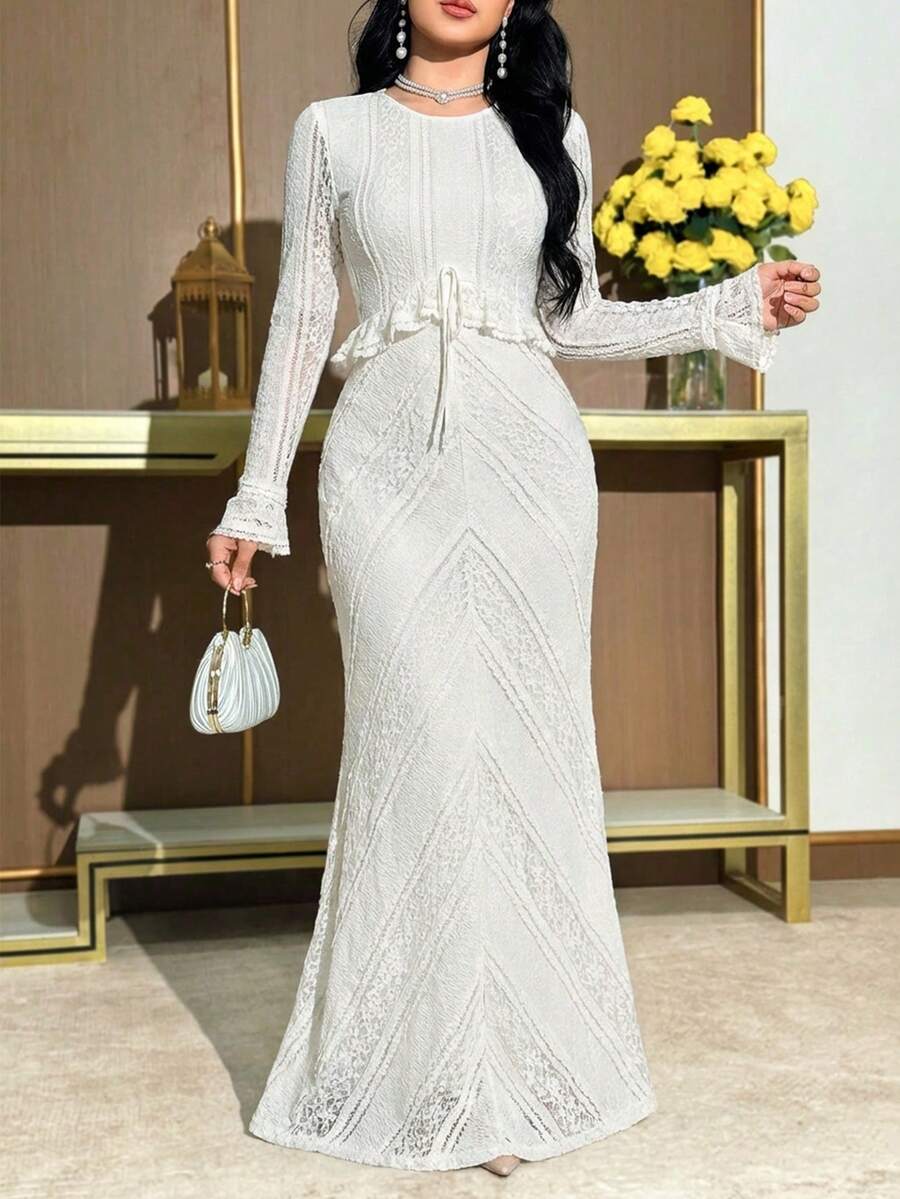 Modelyn Women's Round Neck Long Sleeve Ruffle Waist Tie Fitted Elegant Lace Dress - Apricot - View 1