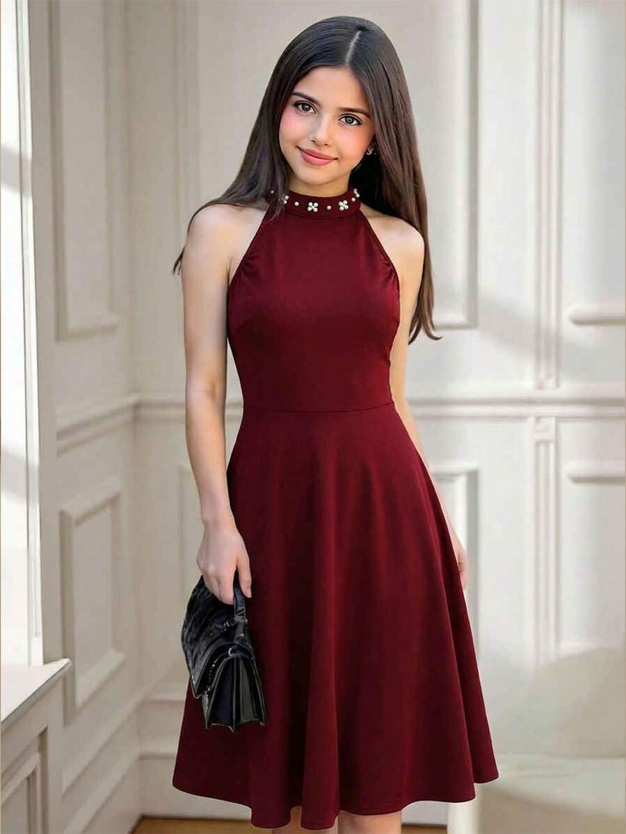 SHEIN Teen Girls' Burgundy Knit Halter Neck Sleeveless Cinched Waist A-Line Party Dress With Beaded Design, Fashionable - Burgundy - View 1