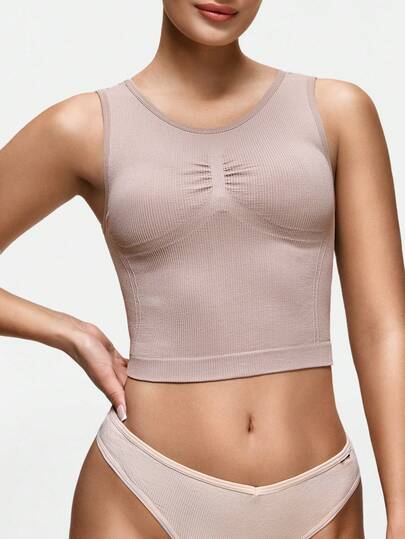 SHAPORA 1 pieza Camiseta sin costuras de unicolor, de estilo minimalista y cómodo, sin aros para mujer