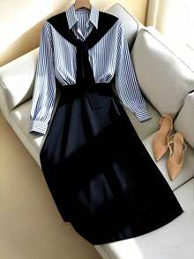 Chiquease 女士法式条纹披肩领撞色长裙，女士休闲连衣裙，优雅通勤装，女士优雅连衣裙，女士优雅连衣裙，女士优雅连衣裙，女士优雅连衣裙，女士优雅连衣裙，女士夏季长裙，女士夏季连衣裙，女士夏季套装，女士生日连衣裙，女士情人节套装，女士生日连衣裙，女士经典套装，女士晚宴套装，女士套装，女装，晚宴套装，法式连衣裙，办公室连衣裙，学院风连衣裙，连衣裙 - 藏蓝色 - 查看 1