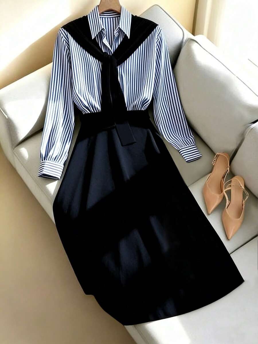 Chiquease 女士法式条纹披肩领撞色长裙,女士休闲连衣裙,优雅通勤装,女士优雅连衣裙,女士优雅连衣裙,女士优雅连衣裙,女士优雅连衣裙,女士优雅连衣裙,女士夏季长裙,女士夏季连衣裙,女士夏季套装,女士生日连衣裙,女士情人节套装,女士生日连衣裙,女士经典套装,女士晚宴套装,女士套装,女装,晚宴套装,法式连衣裙,办公室连衣裙,学院风连衣裙,连衣裙 - 藏蓝色 - 查看 1