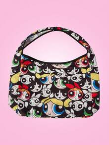 THE POWERPUFF GIRLS X SHEIN 1个女士时尚简约甜美可爱轻便黑色卡通印花单肩包，适合日常出行和购物 - 彩色 - 查看 2