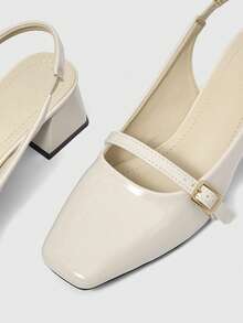 Sleekvia 新款方头粗跟无后跟绑带舒适防滑时尚百搭女式高跟鞋，春秋季 - 米色 - 查看 8