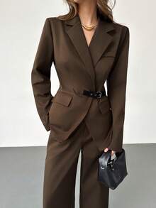 Islaluna Women's Casual Commuter Button-Up Waist Blazer And Pants Suit Set, Autumn - Coffee Brown - View 5