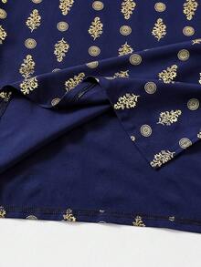 SHEIN Tween BoyMiddle Eastern Inspired Golden Foil Floral Patterned Fancy Shirt - Navy Blue - View 5