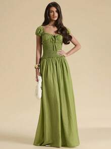 SHEIN BAE 纯绿色纹理露背系带修身连衣裙，纹理褶皱连衣裙，优雅连衣裙，早午餐连衣裙，婚礼宾客礼服，海滩度假连衣裙 - 綠色 - 查看 5