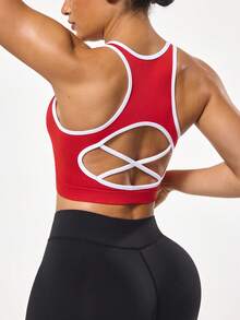 SHEIN Sports 1件吸湿排汗无缝基础款运动背心，撞色设计，红色 - 彩色 - 查看 2