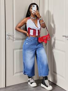 BamGleam Women's Loose Fit Pocketed Wide Leg Cropped Jeans - Medium Wash - View 6