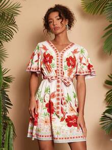 Travachic Women's Floral Print V-Neck Short Sleeve Vacation Romantic Dress - Red - View 1