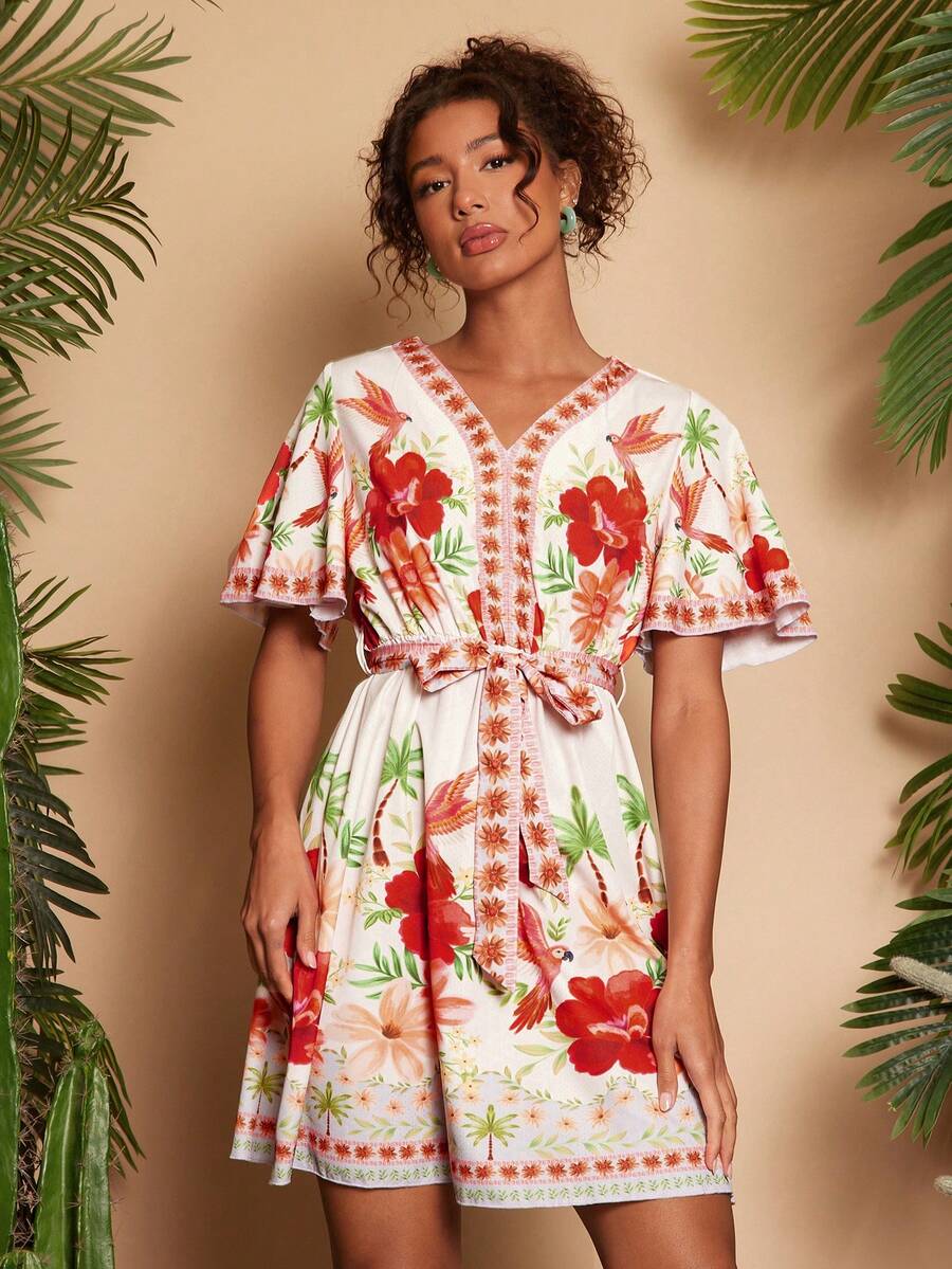 Travachic Women's Floral Print V-Neck Short Sleeve Vacation Romantic Dress - Red - View 1