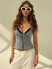 Aloruh 浪漫度假性感露背系带蓝色条纹女式背心 - 黑與白 - 查看 4