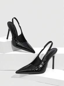 CUCCOO SZL 女鞋尖头细高跟黑色镜面压纹低鞋面露跟女式高跟鞋简约时尚性感节日派对女式高跟鞋 - 石頭紋7639黑 - 查看 2