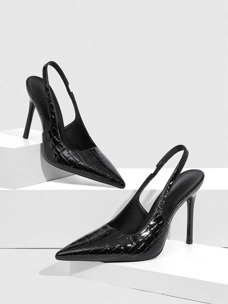 CUCCOO SZL Women Shoes Pointed Thin High Heel Black Mirror Embossed Low Vamp Slingback Women's High Heel Shoes Simple Fashion Sexy Festival Party Women's High Heel Women's Shoes