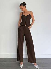 Siren Gaze 女士撞色滚边吊带背心和裤子套装，女士夏季吊带两件套 - 咖啡棕 - 查看 4