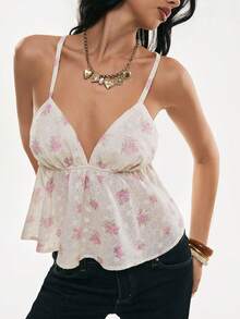 Poéselle Áo vest nữ kiểu dáng lãng mạn họa tiết hoa, áo hai dây peplum cổ chữ V sâu, áo croptop hai dây mảnh cho những buổi hẹn hò mùa hè, áo hai dây họa tiết hoa, áo peplum hoa, áo croptop cổ chữ V sâu, áo mùa hè phong cách boho, hẹn hò lãng mạn, áo hai dây hoa kiểu Y2K, áo hai dây nữ tính mùa hè in hoa thêu rỗng, áo hai dây casual - Nhiều màu - Xem 5