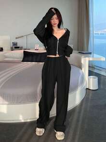DAZY 女士纯色拉链外套和长裤两件套优雅运动套装，女士连帽家居服套装 - 黑色 - 查看 4