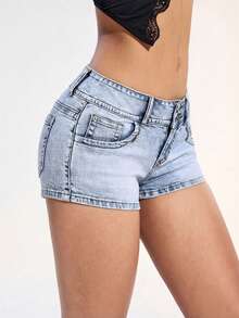Jeanoix Women's Casual Everyday Pocketed Button Fly Low Waist Denim Shorts - Blue - View 3