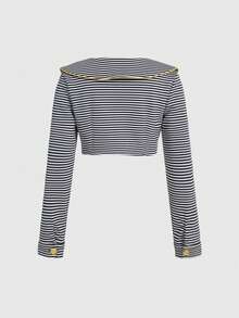 ROMWE Grunge Punk Retro Nautical Navy Blue & White Striped Open Front Short Lightweight Jacket - Blue and White - View 10