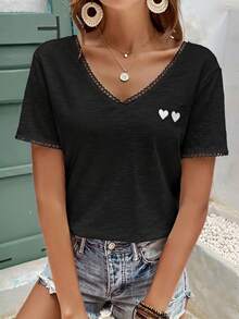 SHEIN Frenchy Heart Embroidery Contrast Lace Trim V Neck Tee,Summer Top - Black - View 8
