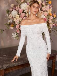 MOTF Soiréza VESTIDO FORMAL LARGO DE MUJER CON HOMBROS DESCUBIERTOS, ENCAJE ELÁSTICO, BORDADO Y CUENTAS - Blanco - Ver 7