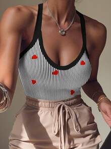 Rovax Women's Casual Striped Heart Print Bodysuit, Summer - Multicolor - View 3