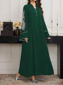 SHEIN Najma Elegant Dress With Beaded Collar Flower And Contrast Trim - Green - View 6
