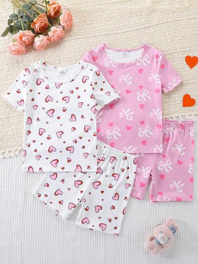4件套女童蝴蝶爱心印花短袖短裤针织弹力舒适柔软贴身睡衣，送给少女的最佳礼物