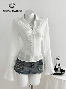 Elamini Women's Lace Patchwork V-Neck Elegant Commuter Flared Long Sleeve Cotton Shirt - White - View 5