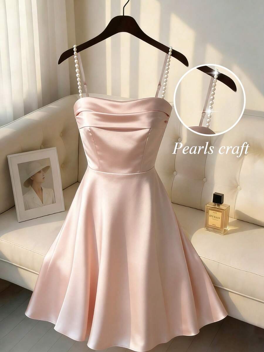 GlowEve New Sleeveless Beaded Design Shiny Fabric Elegant Commuter Young Versatile Daily Fitted Women Short Dress - Pink - View 1