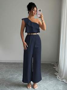 Elenzga Women's Vacation Style Office Commute Beach Party Oblique Shoulder Double Ruffle Waist Straight Leg Loose Jumpsuit, Spring/Summer - Navy Blue - View 8