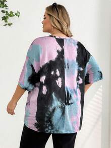 SHEIN CURVE+ Áo thun vai trễ vai vá chữ nhuộm loang màu, Mùa hè/2026/Năm mới - Nhiều màu - Xem 3