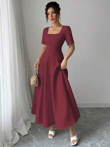 SHEIN Elenzya 女士优雅简约通勤办公商务休闲度假下午茶连衣裙，定制修身A字廓形，带口袋，短袖，春夏款 - 酒紅色 - 查看 6