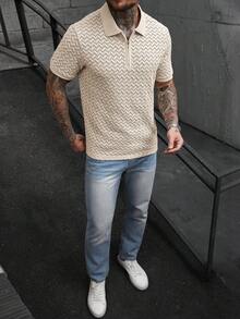 Manfinity CasualCool Men's Short Sleeve Textured Fabric Zip Collar Polo Shirt, Suitable For Outings, Gatherings, And Vacations - Apricot - View 3