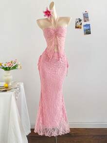 Soleia New Vacation Western Beach Wedding Guest Attire, Graduation Brunch, St. Patrick's Day, Spring Break, Easter, Music Festival, Elegant Bohemian Tropical Strapless Sleeveless Mesh Crop Top And Pleated Skirt 2-Piece Set - Pink - View 3