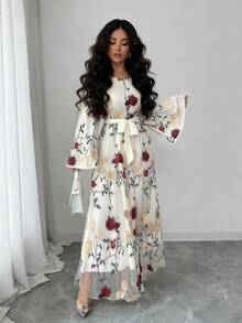 SHEIN Elenzya Đầm maxi lưới thanh lịch tay loe cổ vuông thêu hoa hồng - Nhiều màu - Xem 5