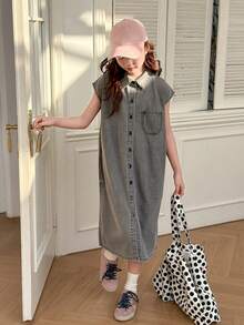 DAZY Girls' Denim Dress With Collar And Pockets, Fall Outfit - Grey - View 5