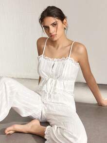 Ocili Women's Contrast Lace Tie-Waist Camisole And Pants Pajama Set - White - View 1