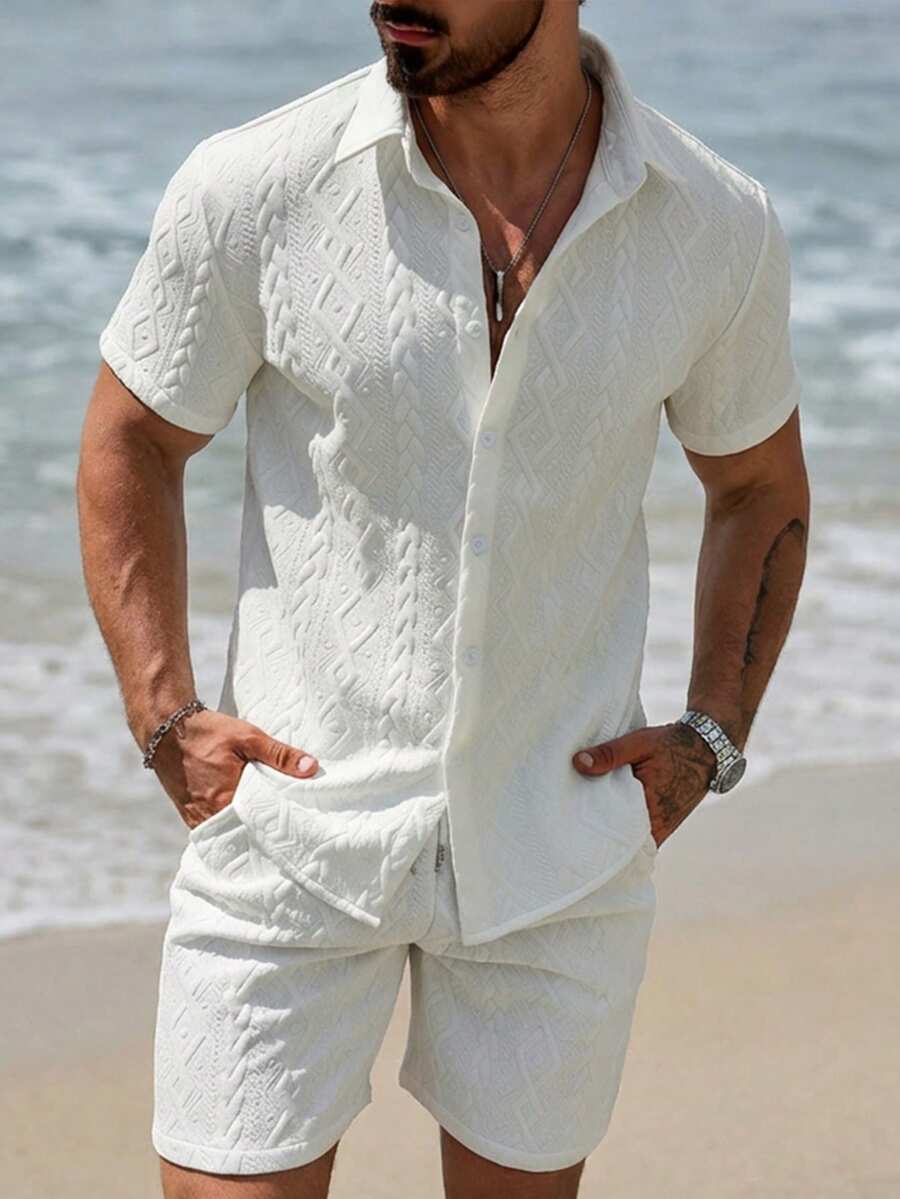 Ventusail 2 件套男士夏季休闲纯色纹理衬衫和短裤套装 - 白色 - 查看 1