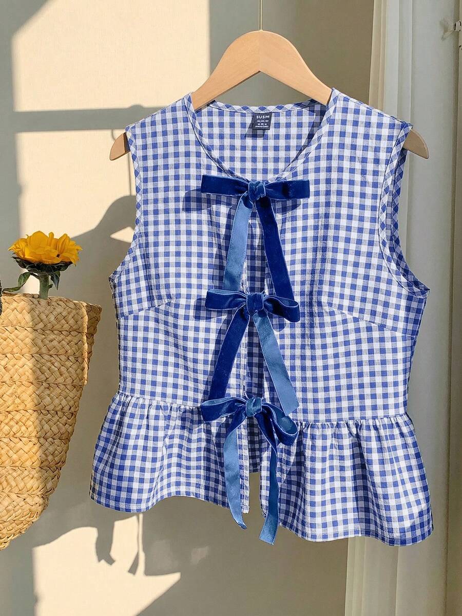 Comfortcana Women's Blue Plaid Woven Shirt With Tie, Spring/Summer Checkered Top Blue Gingham Top Gingham Tank Top Bow Back Top Ruffle Hem Top Peplum Top Bow Detail Top Sleeveless Gingham Top - Royal Blue - View 1