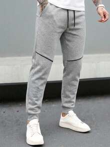 RueChic Men Contrast Binding Drawstring Waist Joggers - Grey - View 5