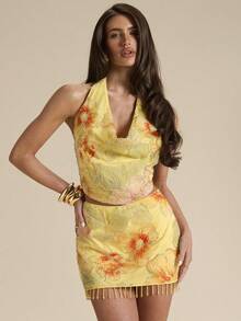 SHEIN BAE Summer Yellow Rhinestone,Sequin & Pearl Floral Backless Draped Neck Tank Top,Orange And Yellow Seductive Party Night Beach Vacation Glamorous Camisole - Yellow - View 6