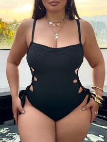 SHEIN Swim SXY Plus Size One-Piece Swimsuit, Hollow Out Drawstring Side Strap Sexy Camisole, Summer Beach - Black - View 3